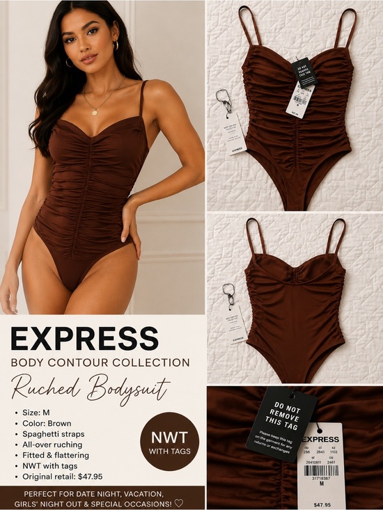 Express Tops - Express Brown Ruched Spaghetti-Strap Bodysuit